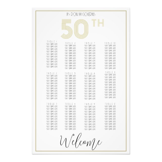 White and Gold 50th Birthday Seating Chart Print (Front)