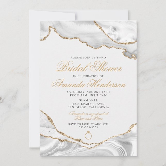 White and Gold Agate Marble Bridal Invitation (Front)