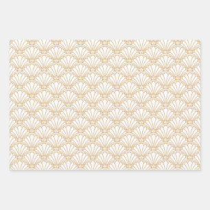 White and Gold Art Deco Fan Flowers Motif Wrapping Paper Sheets