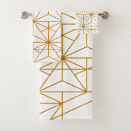 White and gold art deco geometric pattern bath towel set