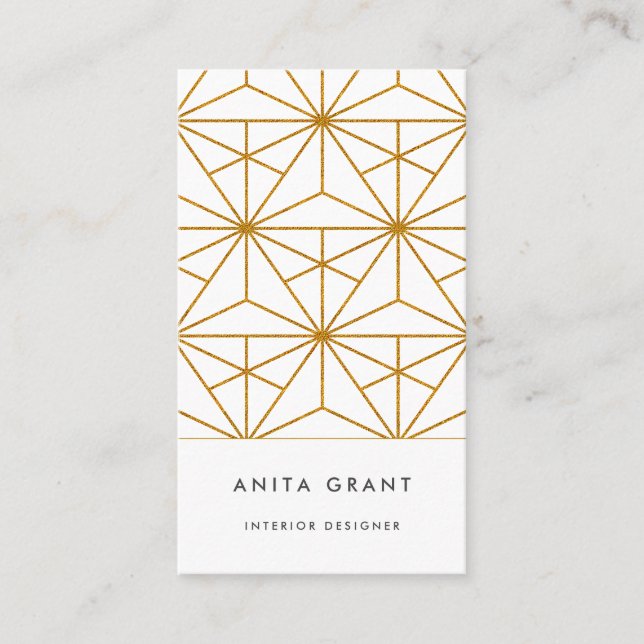 White and gold art deco geometric pattern business card (Front)