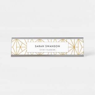 White and gold art deco geometric pattern desk name plate