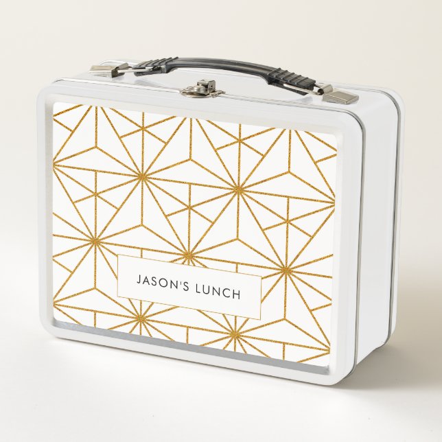 White and gold art deco geometric pattern metal lunch box (Front)