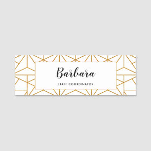 White and gold art deco geometric pattern name tag