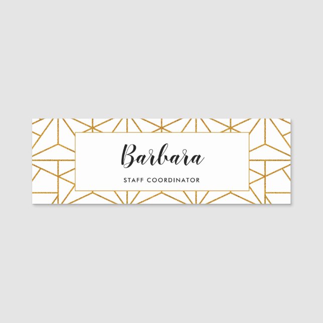 White and gold art deco geometric pattern name tag (Front)