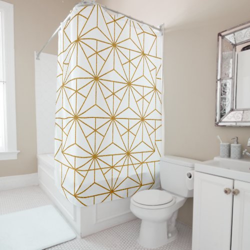 White and gold art deco geometric pattern shower curtain
