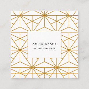White and gold art deco geometric pattern square business card