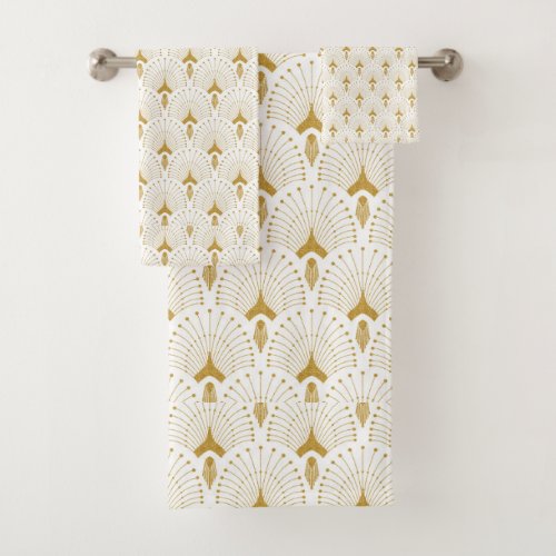 White and gold art_deco pattern bath towel set