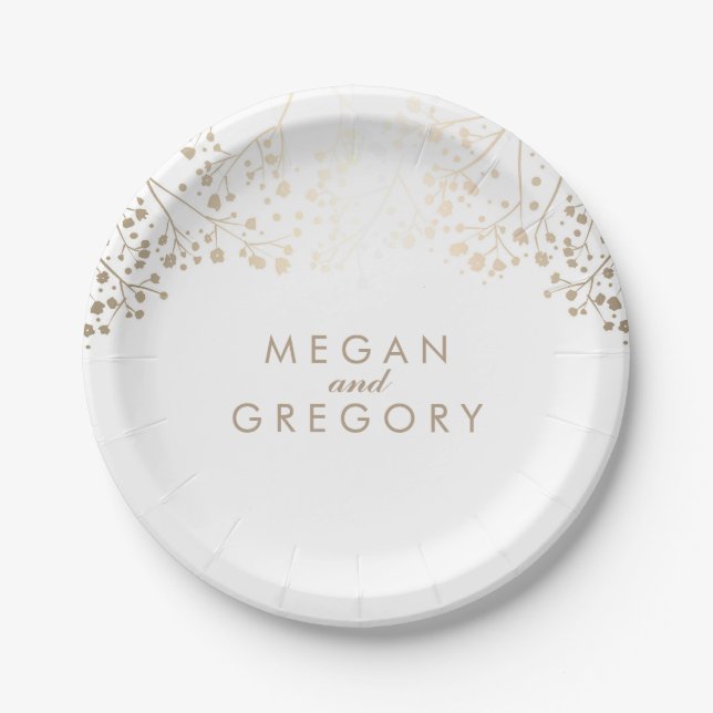 White and Gold Baby's Breath Wedding Paper Plates (Front)