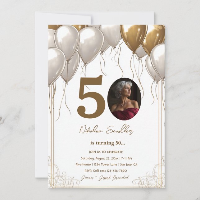 White and Gold balloons 50 birthday party Invitation (Front)