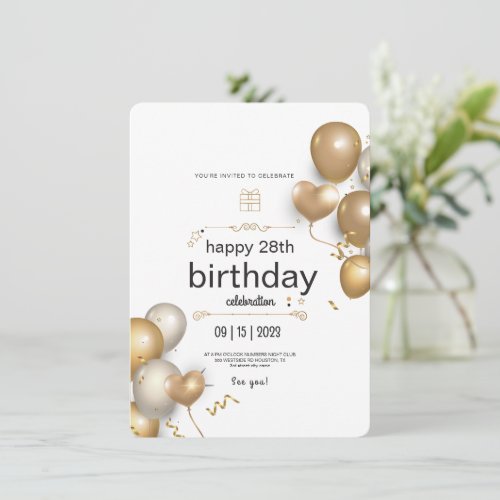 White And Gold Balloons Birthday Party  Invitation