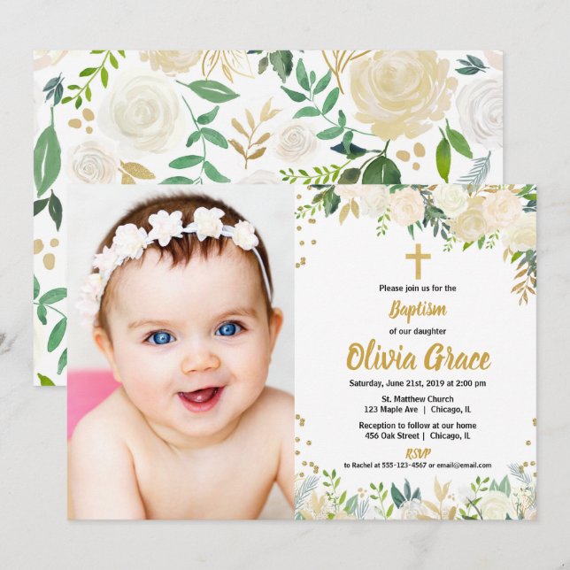 White and gold baptism christening photo invitation (Front/Back)