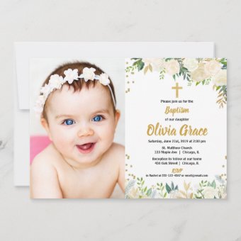 White and gold baptism christening photo invitation | Zazzle