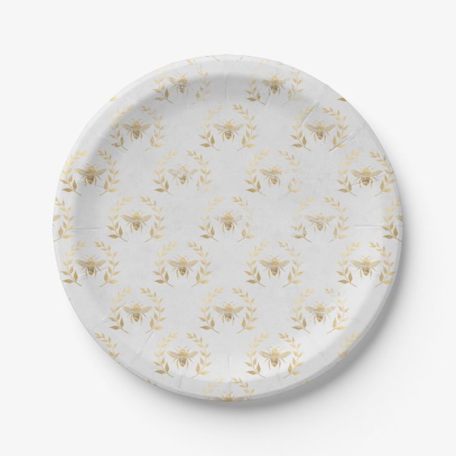 White and Gold Bee Wedding Paper Plates (Front)