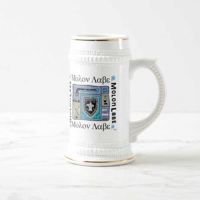 White and Gold Beer Stein with Molon Labe Logo (Right)