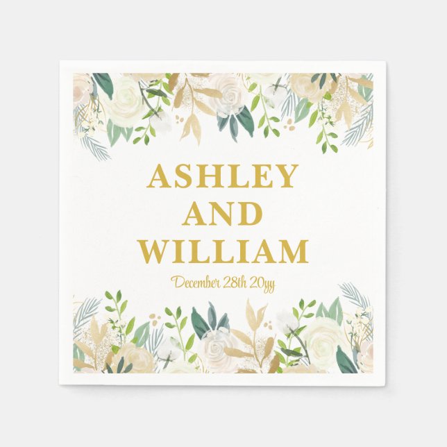 White and Gold Boho Bohemian Chic Greenery Wedding Napkins (Front)