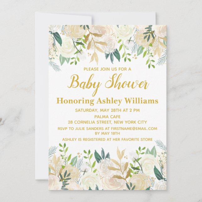White and Gold Boho Botanical Greenery Baby Shower Invitation (Front)