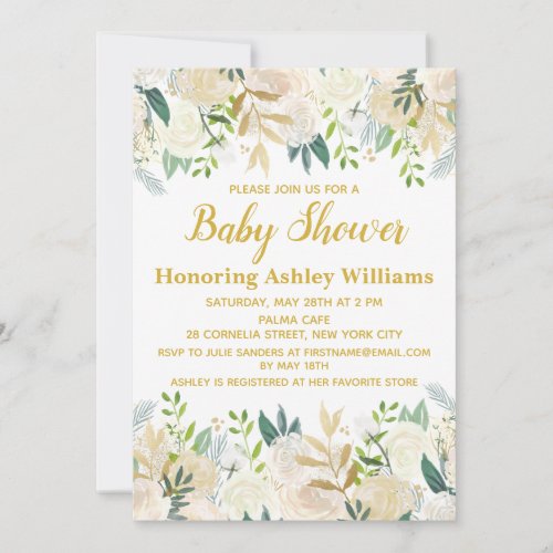 White and Gold Boho Botanical Greenery Baby Shower Invitation
