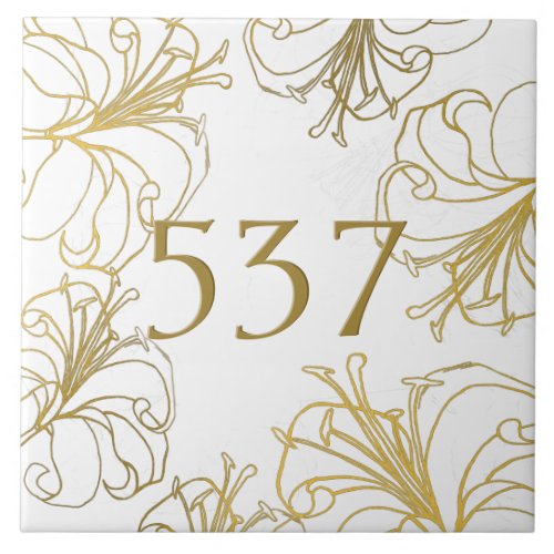 White and Gold Boho Decorative House Number Plaque Ceramic Tile