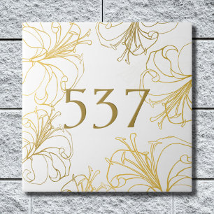 White and Gold Boho Decorative House Number Plaque Ceramic Tile