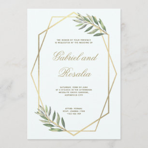 White and Gold Bordered Geometric Floral Wedding Invitation