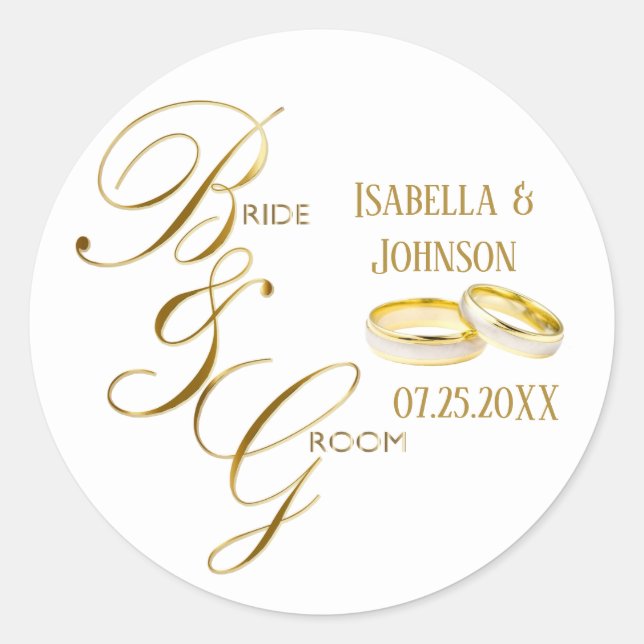 White and Gold Bride & Groom - Rings Classic Round Sticker (Front)
