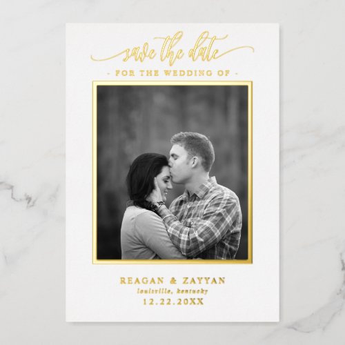 White And Gold Calligraphy Photo Save The Date Foil Invitation