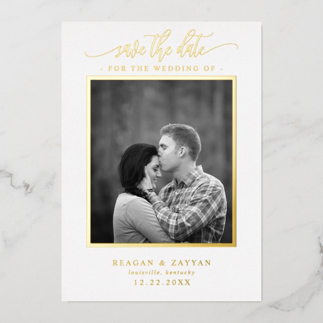 White And Gold Calligraphy Photo Save The Date Foil Invitation (Front)