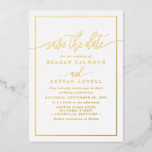 White And Gold Calligraphy Save The Date Foil Card