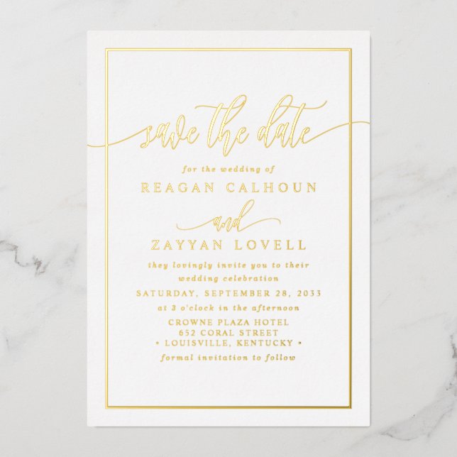 White And Gold Calligraphy Save The Date Foil Card (Front)