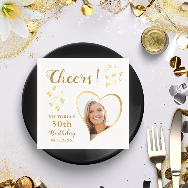 White and Gold Cheers Custom Photo 50th Birthday Napkins (Creator Uploaded)