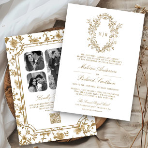 White and Gold Chinoiserie Crest QR Code Wedding Invitation
