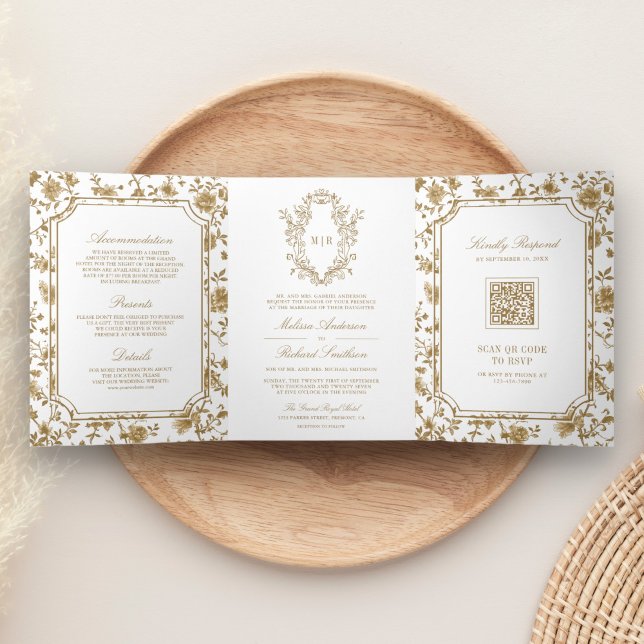 White and Gold Chinoiserie Crest QR Code Wedding Tri-Fold Invitation (Creator Uploaded)