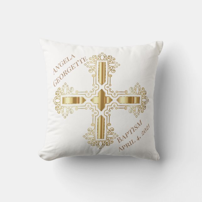 White and  Gold Christian Cross Throw Pillow (Front)