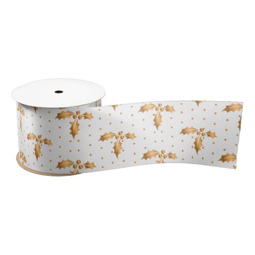 White and Gold Christmas Holly Satin Ribbon