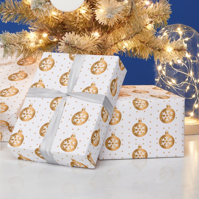 White and Gold Christmas Ornaments Wrapping Paper (Holidays)