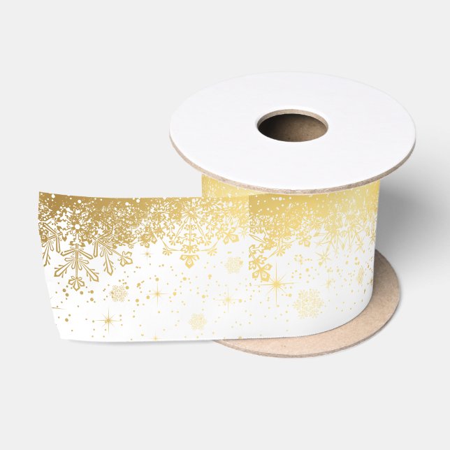 White and Gold Christmas Snowflakes Satin Ribbon (Spool)