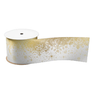 White and Gold Christmas Snowflakes Satin Ribbon