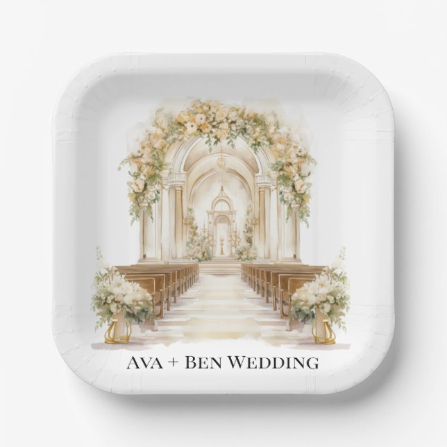 White and Gold Church Wedding Paper Plates (Front)