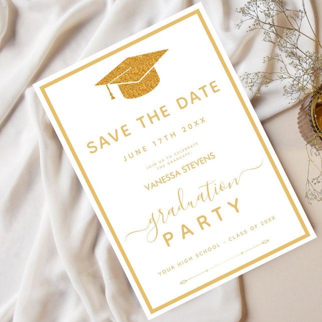 White And Gold Classic Graduation Save the Date Invitation (Creator Uploaded)