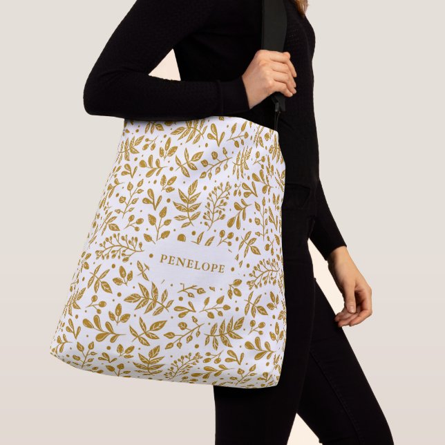 White and Gold Color Botanical with Name Crossbody Bag (Close Up)