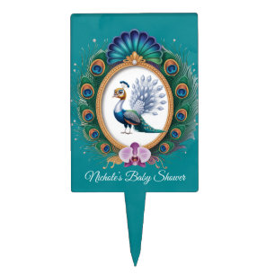 White and Gold Colorful Peacock Baby Shower Cake Topper