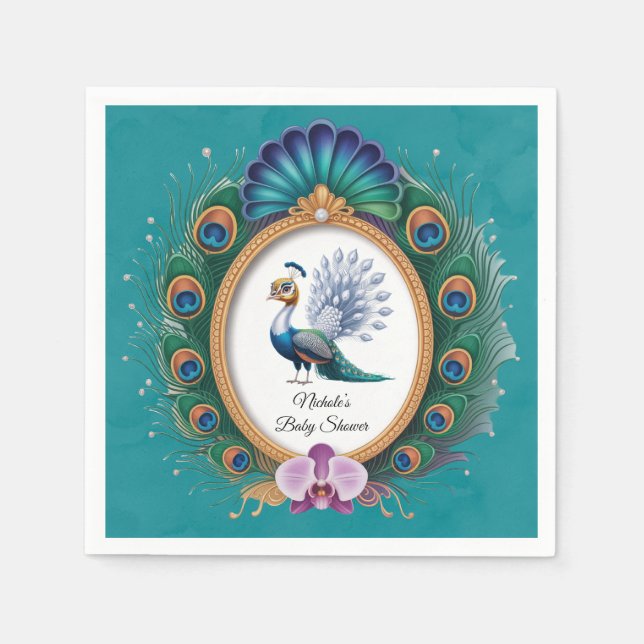 White and Gold Colorful Peacock Baby Shower Napkins (Front)