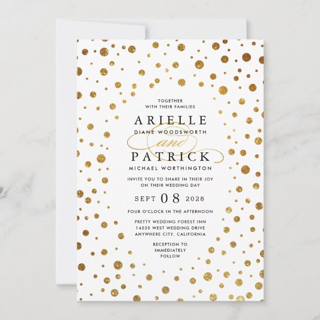 White and Gold Confetti Foil Wedding Invitations (Front)