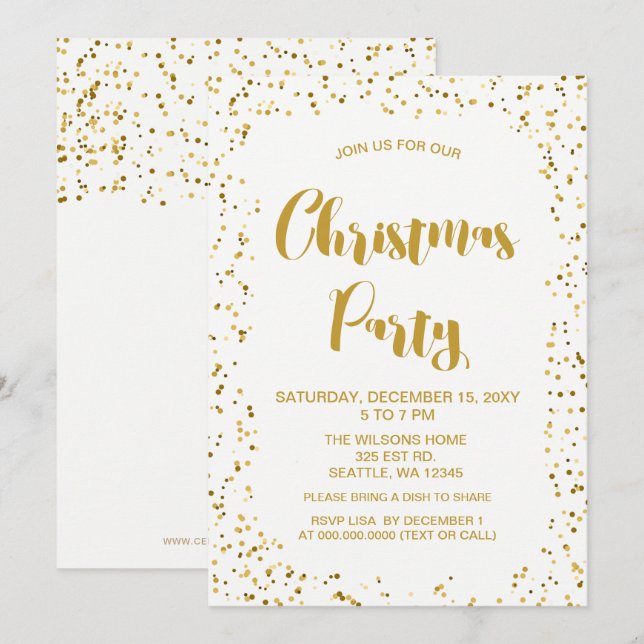 White and Gold confetti Modern Christmas Party Invitation (Front/Back)
