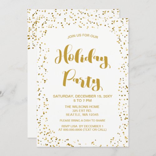 White and Gold confetti Modern holiday Party Invitation