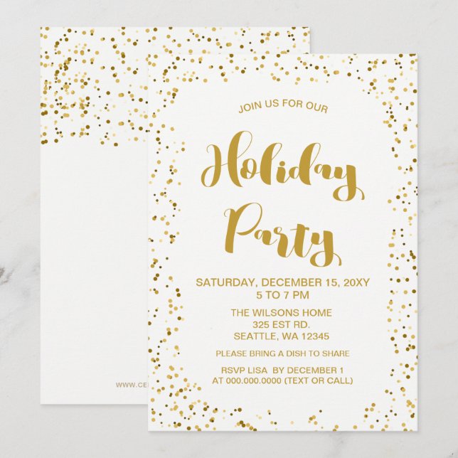White and Gold confetti Modern holiday Party Invitation (Front/Back)