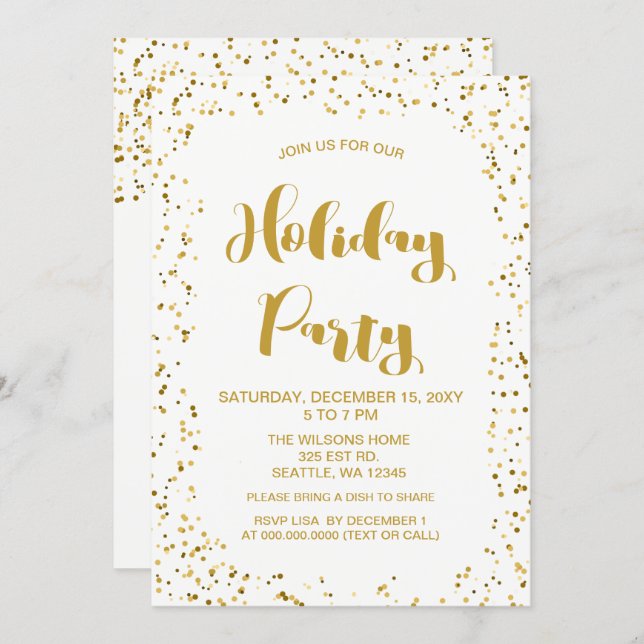 White and Gold confetti Modern holiday Party Invitation (Front/Back)