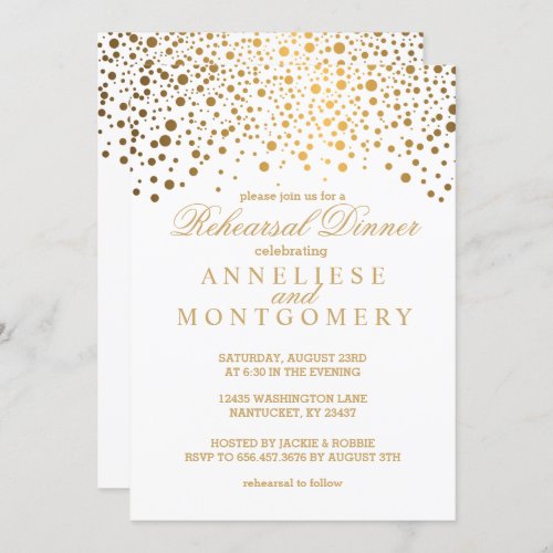 White and Gold Confetti Rehearsal Dinner Invitation