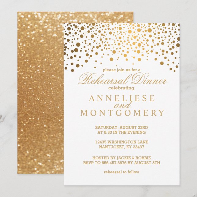 White and Gold Confetti Rehearsal Dinner Invitation (Front/Back)